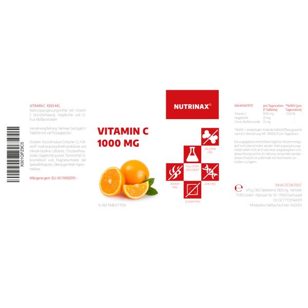Vitamin C 1000mg 365 Tabletten mit Hagebutte und Bioflavonoiden - Time Released